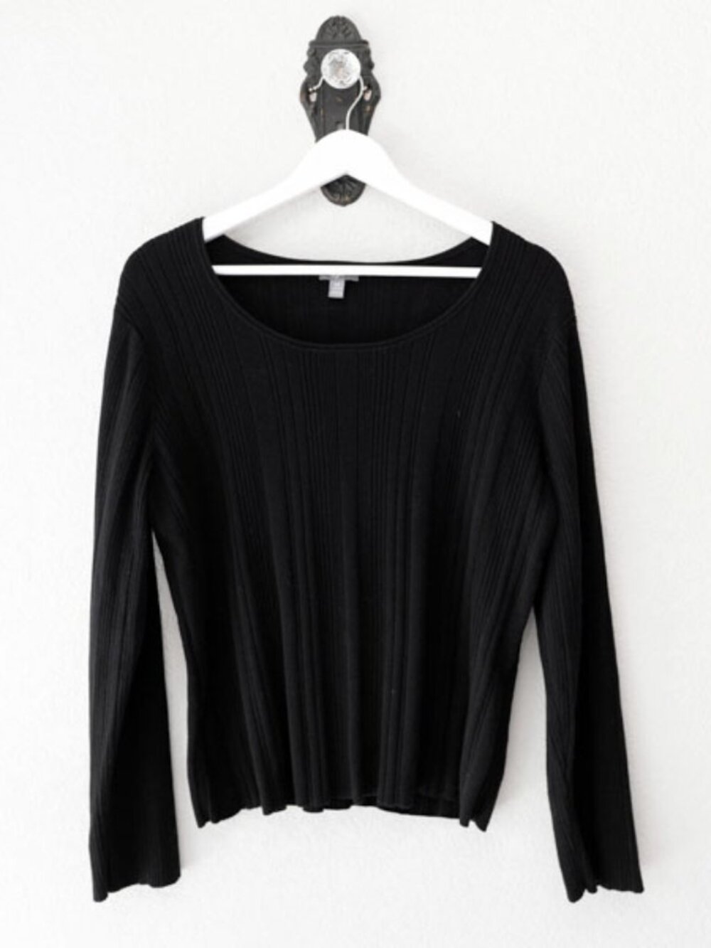J Jill Black Ribbed Top Petite Large 100% Cotton Long Sleeve Stretch Knit Minima